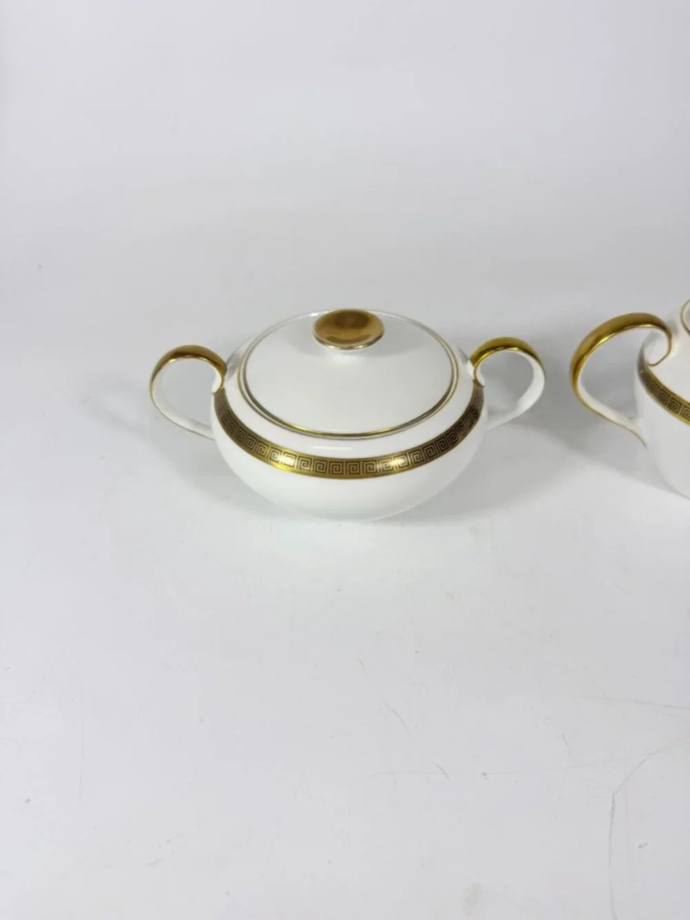 Cream and Sugar Bowl Set Key Largo by Meito Black Greek Key On Gold Band Royal M